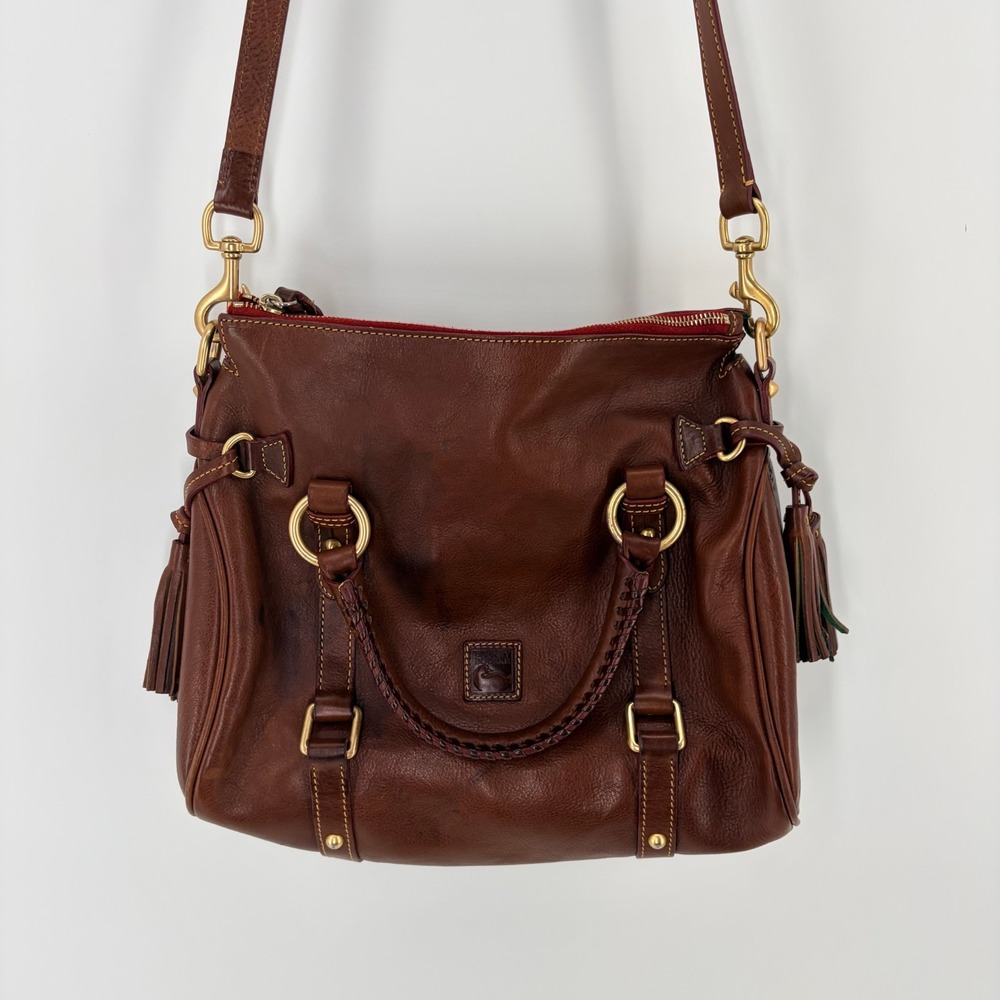 Dooney & Bourke Large Florentine Leather Satchel Chestnut Tassel Strap